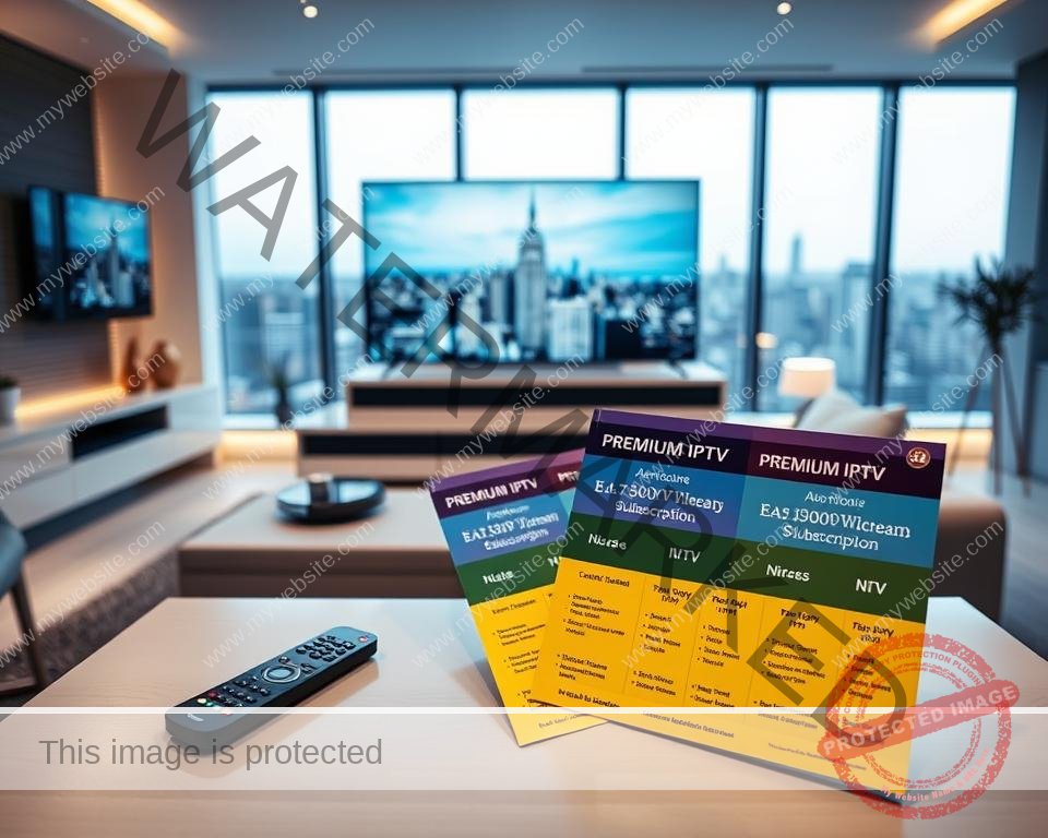 A sleek and modern interior with a large flatscreen TV mounted on the wall, showcasing various IPTV subscription packages available in the UK. The foreground features a minimalist coffee table with a remote control and a stack of premium IPTV service brochures, highlighting the different plans and pricing tiers. The middle ground displays a well-lit, contemporary living room setup with comfortable seating and subtle accent lighting, conveying a sense of premium, high-quality entertainment. The background features large windows overlooking a cityscape, suggesting an urban, cosmopolitan setting. The overall mood is one of sophistication, elegance, and the promise of an elevated streaming experience.