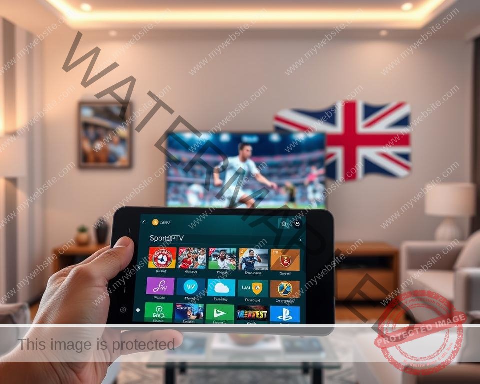A sleek and modern sports-themed IPTV interface, showcasing a wide variety of live sports channels and on-demand content. In the foreground, a hand-held smart device displays the intuitive SportzIPTV app, with various sports icons and a clean, minimalist design. The middle ground features a living room setting, with a large flat-screen TV displaying a Premier League soccer match in high definition. The background subtly incorporates the Union Jack flag, alluding to the UK-centric nature of the service. Soft, warm lighting creates a cozy, inviting atmosphere, while the overall composition conveys the convenience and comprehensive sports streaming experience of SportzIPTV. A sleek and modern sports-themed IPTV interface, showcasing a wide variety of live sports channels and on-demand content. In the foreground, a hand-held smart device displays the intuitive SportzIPTV app, with various sports icons and a clean, minimalist design. The middle ground features a living room setting, with a large flat-screen TV displaying a Premier League soccer match in high definition. The background subtly incorporates the Union Jack flag, alluding to the UK-centric nature of the service. Soft, warm lighting creates a cozy, inviting atmosphere, while the overall composition conveys the convenience and comprehensive sports streaming experience of SportzIPTV.