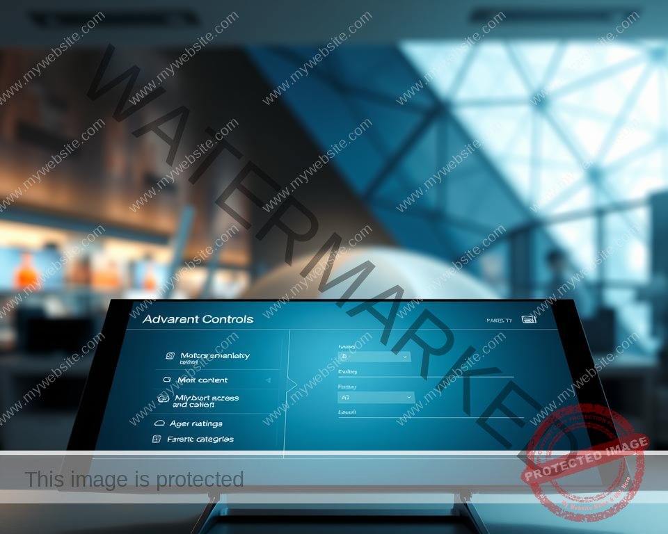 A sleek, futuristic interface showcasing advanced parental controls for an IPTV service. In the foreground, a high-resolution touchscreen display presents intuitive settings for monitoring and restricting access to content based on age ratings and categories. The middle ground features a clean, minimalist design with subtle gradients and smooth lines, conveying a sense of sophistication and control. In the background, a blurred cityscape or abstract geometric pattern provides a dynamic, technology-inspired backdrop, highlighting the cutting-edge nature of the IPTV system. The lighting is soft and directional, creating depth and accentuating the display's clarity. The camera angle is slightly elevated, giving the viewer a sense of authority and oversight over the parental control features.
