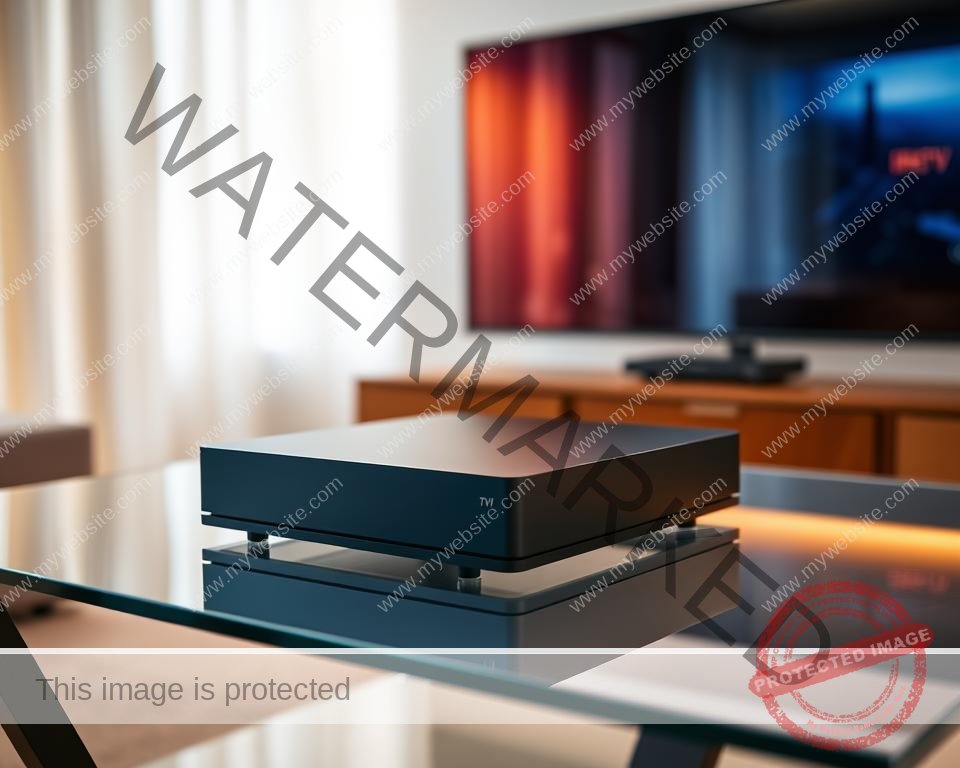 A sleek, modern IPTV box rests on a minimalist glass-topped table, its clean lines and sharp edges contrasting with the soft, diffuse lighting that illuminates the room. The box's matte black exterior reflects the warm, ambient glow, creating a sense of sophistication and technological prowess. In the background, a large, high-definition television screen displays a vibrant, crystal-clear image, showcasing the superior visual quality of IPTV. The scene exudes a sense of contemporary elegance, hinting at the advanced capabilities and seamless user experience that IPTV can provide, elevating the traditional television viewing experience.