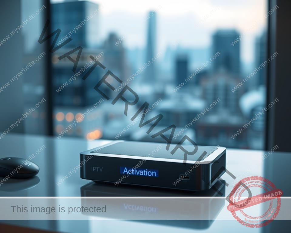 A sleek, modern IPTV device sitting on a clean, minimalist desk, bathed in soft, diffused lighting. The device's interface showcases a vibrant, intuitive menu system with a clear "Activation" option, hinting at the ease of setup and access to instant IPTV content in the UK. The background features a blurred cityscape, suggesting the global connectivity and convenience of IPTV technology. The overall scene conveys a sense of efficiency, simplicity, and the power of on-demand entertainment at one's fingertips.
