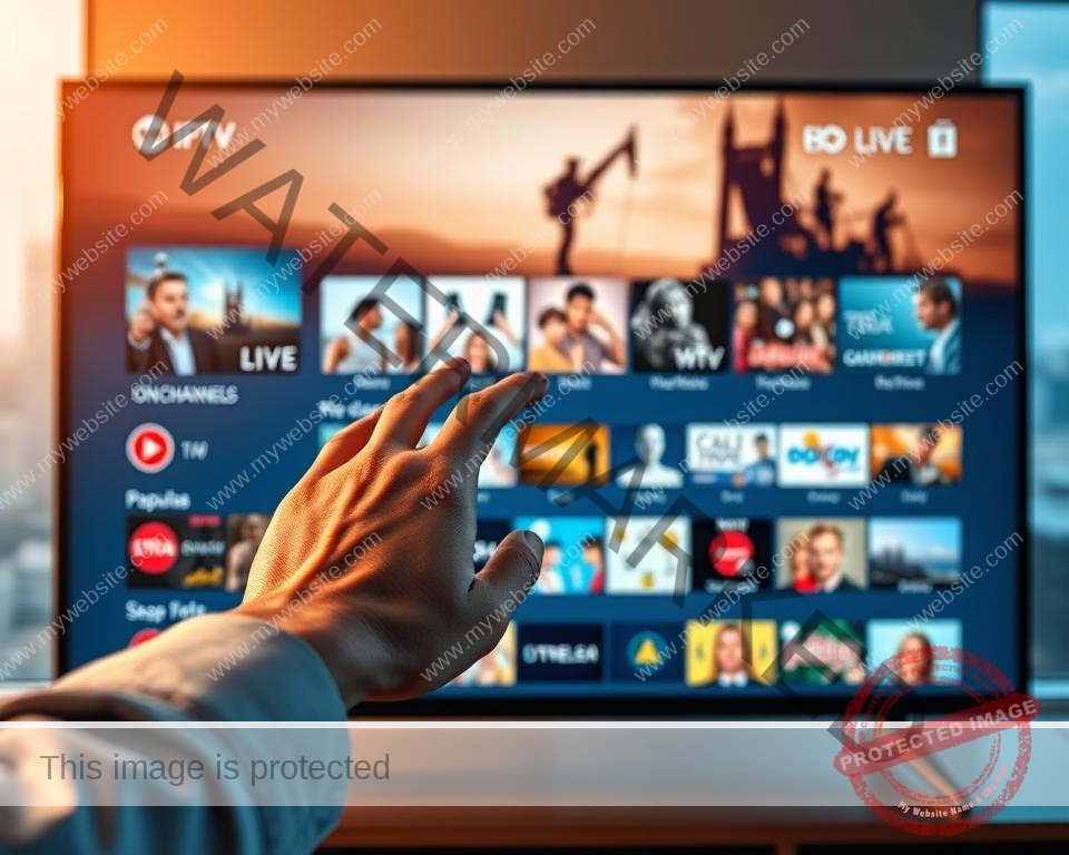 A sleek, modern IPTV interface displayed on a large TV screen, showcasing a curated selection of popular live TV channels and on-demand content. The interface features a clean, minimalist design with intuitive navigation menus and high-resolution thumbnails. The screen is illuminated by warm, natural lighting, creating a cozy and inviting atmosphere. In the foreground, a user's hand is elegantly interacting with the interface, highlighting the seamless and reliable user experience. The background features a blurred cityscape, hinting at the global reach and accessibility of the IPTV service. The overall scene conveys a sense of professionalism, quality, and the ability to provide a superior streaming experience. A sleek, modern IPTV interface displayed on a large TV screen, showcasing a curated selection of popular live TV channels and on-demand content. The interface features a clean, minimalist design with intuitive navigation menus and high-resolution thumbnails. The screen is illuminated by warm, natural lighting, creating a cozy and inviting atmosphere. In the foreground, a user's hand is elegantly interacting with the interface, highlighting the seamless and reliable user experience. The background features a blurred cityscape, hinting at the global reach and accessibility of the IPTV service. The overall scene conveys a sense of professionalism, quality, and the ability to provide a superior streaming experience.