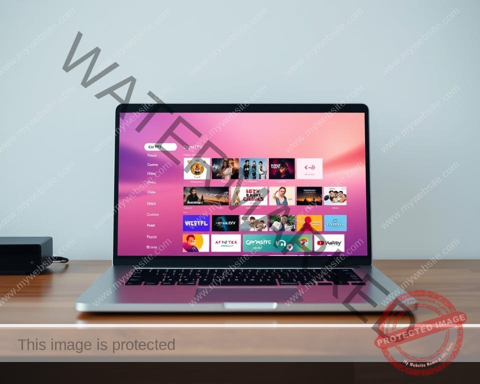 A sleek, modern IPTV service interface displayed on a minimalist laptop screen, with a clean user interface showcasing a grid of various streaming content options. The screen is bathed in a warm, inviting glow, creating a cozy and inviting atmosphere. The overall design is elegant, visually appealing, and reflects the high-quality nature of the IPTV service being offered. The laptop is positioned on a wooden desk, with a simple, uncluttered background that allows the interface to be the focal point. The lighting is soft and natural, creating a sense of professionalism and attention to detail. The image conveys the reliability, user-friendliness, and premium quality of the IPTV service.