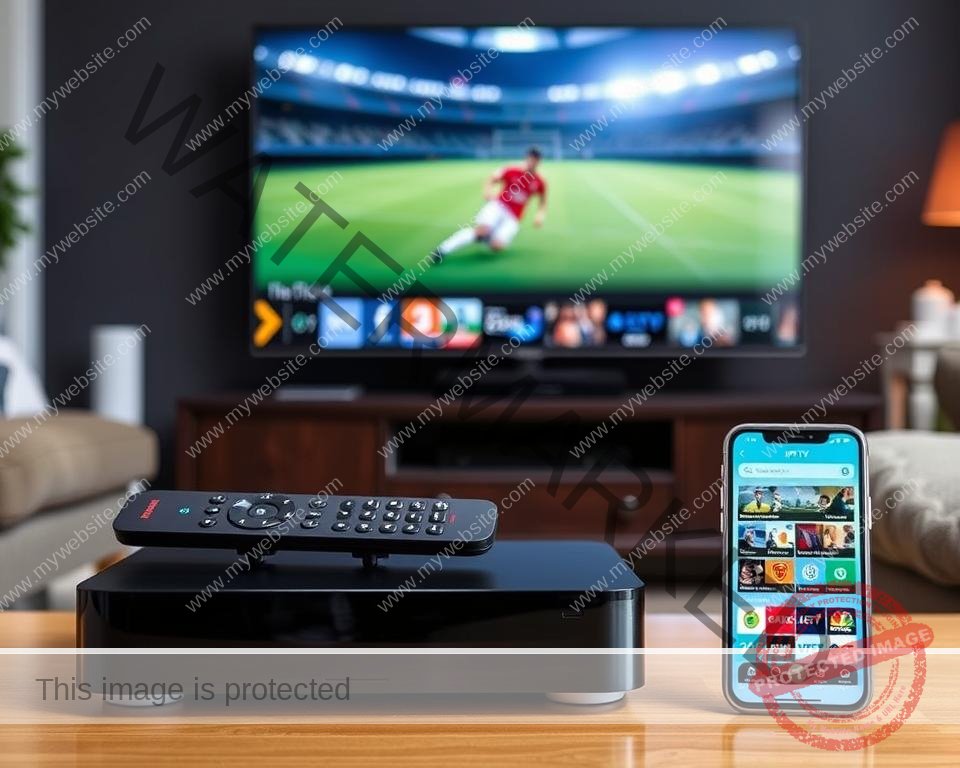 A sleek, modern IPTV setup for sports viewing in the UK. In the foreground, a high-end streaming device with a minimalist remote control lies atop a dark wooden entertainment center. Behind it, a state-of-the-art 4K smart TV displays a live soccer match, the image crisp and vibrant. The middle ground features a smartphone displaying the IPTV app interface, showcasing a diverse lineup of sports channels. In the background, a cozy living room setting with plush seating and subtle ambient lighting creates a comfortable, immersive viewing experience. The overall scene conveys a sense of premium quality, convenience, and affordability for sports enthusiasts in the UK.