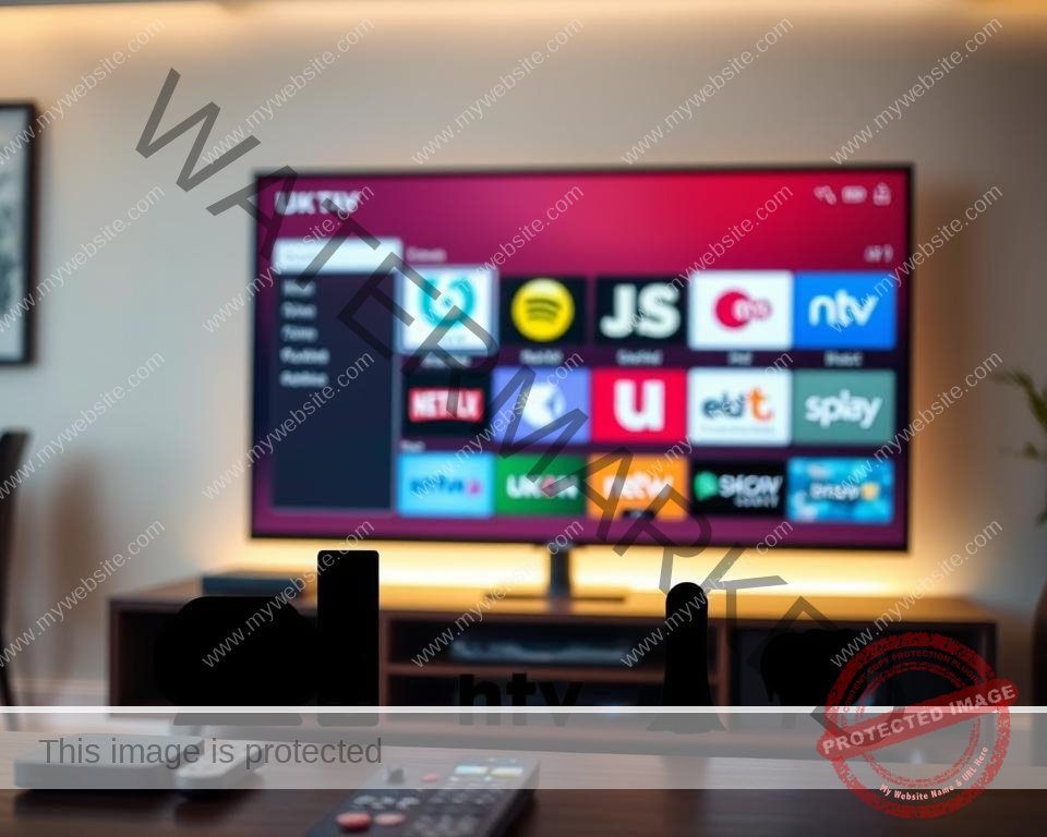 A sleek modern home entertainment system, featuring several UK TV streaming service icons prominently displayed on a large flat-screen television. The TV screen is illuminated with a soft, warm glow, creating a cozy and inviting atmosphere. In the foreground, a minimalist entertainment center in dark wood tones houses various streaming devices and remote controls. The middle ground showcases the silhouettes of the streaming service logos, such as My5, UKTV Play, and others, arranged artistically. The background features a blurred, out-of-focus living room setting, with neutral-toned walls and subtle hints of stylish decor, evoking a sense of modern, sophisticated living.