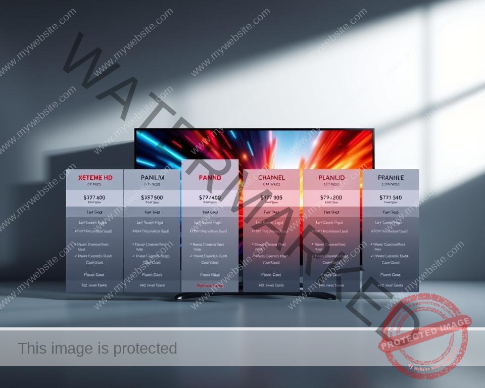 A sleek, modern interface showcasing Xtreme HD IPTV subscription plans on a high-resolution display. The foreground features neatly organized plan options with clear pricing, channel counts, and feature details. The middle ground shows an immersive TV screen displaying vibrant, 4K-quality content, conveying the premium viewing experience. The background is minimalist, with subtle gradients and geometric shapes to create a clean, high-tech aesthetic. Dramatic studio lighting casts dramatic shadows, highlighting the plans' key details. The overall mood is professional, aspirational, and designed to appeal to discerning IPTV subscribers.