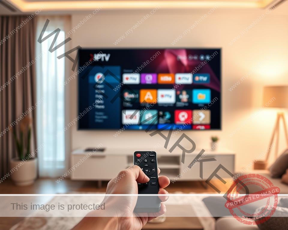 A sleek, modern living room with a large flat-screen TV displaying an IPTV interface. The room is bathed in warm, soft lighting, creating a cozy atmosphere. In the foreground, a person's hands hold a remote control, ready to navigate the IPTV menu. The background features a minimalist, Scandinavian-inspired decor, with clean lines and natural materials. The overall scene conveys the ease and convenience of using an IPTV service in the comfort of one's own home.