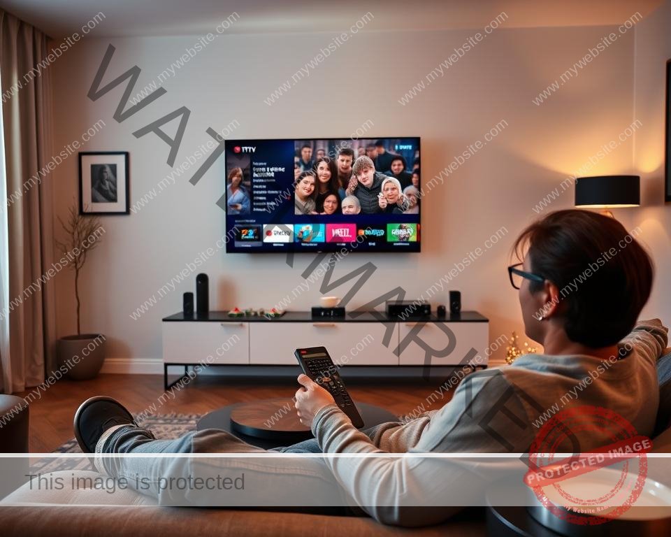 A sleek, modern living room with a large flat-screen TV mounted on the wall. In the foreground, a person is lounging on a comfortable couch, holding a remote control and browsing through a selection of IPTV channels on the screen. The room is bathed in soft, warm lighting, creating a cozy and inviting atmosphere. The walls are adorned with minimalist decor, and a small side table holds a cup of coffee. The overall scene conveys the ease and convenience of accessing a wide range of entertainment through a cheap IPTV subscription in the UK.