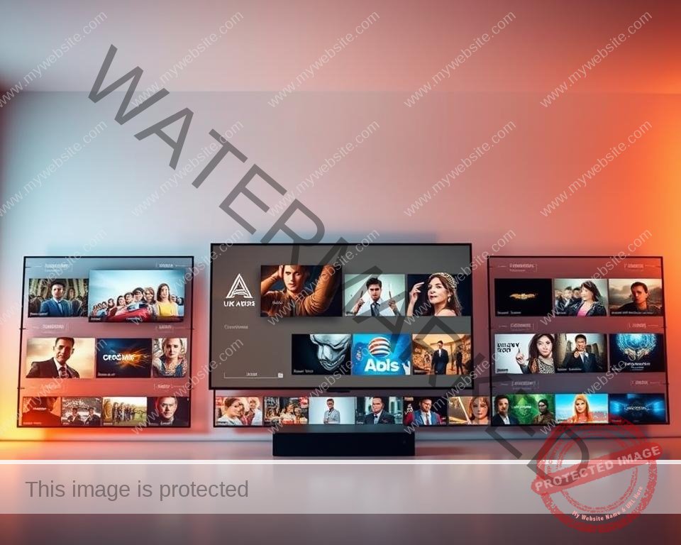 A sleek, modern media library showcasing a diverse selection of UK IPTV content. The foreground features a sophisticated, minimalist display with various video thumbnails and streaming platform icons. The middle ground presents a stylized grid layout, highlighting the breadth and depth of the available content. In the background, a soft, gradient-infused backdrop evokes a sense of quality and exclusivity. Warm, directional lighting illuminates the scene, creating depth and emphasizing the high-definition visuals. The overall composition conveys a sense of curation, accessibility, and the value of UK IPTV services.