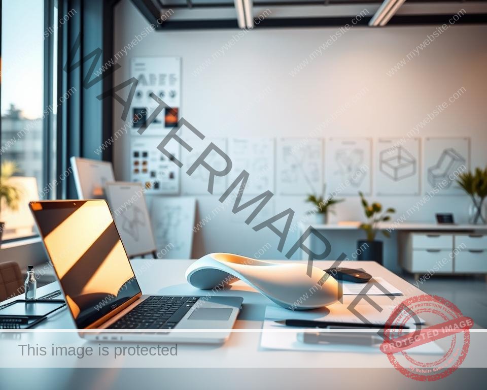 A sleek, modern product design studio with a minimalist aesthetic. In the foreground, a designer's desk with a laptop, stylus, and various design tools arranged neatly. In the middle ground, a 3D-printed prototype of a new product design, its clean lines and curves catching the warm, directional lighting from a large window. The background features a wall of mood boards, sketches, and technical drawings, providing a glimpse into the creative process. The overall atmosphere is one of focus, innovation, and attention to detail, reflecting the comprehensive analysis of the product design.