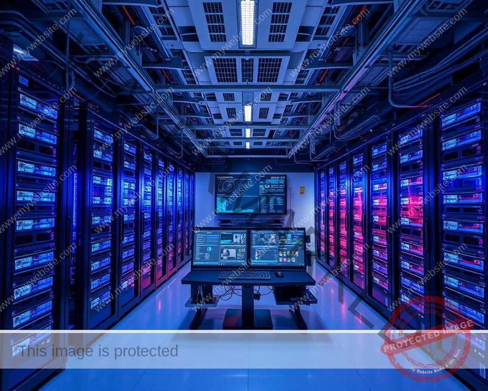 A sleek, modern server room showcasing the high-performance infrastructure powering a premium UK IPTV service. Rows of gleaming server racks and high-capacity network switches are illuminated by cool, subdued lighting, conveying a sense of efficiency and reliability. In the background, intricate cable management systems and cooling units maintain the optimal operating environment. The focal point is a central command console displaying real-time data on service performance, bandwidth utilization, and user activity, highlighting the advanced monitoring and control capabilities of this premium IPTV offering.