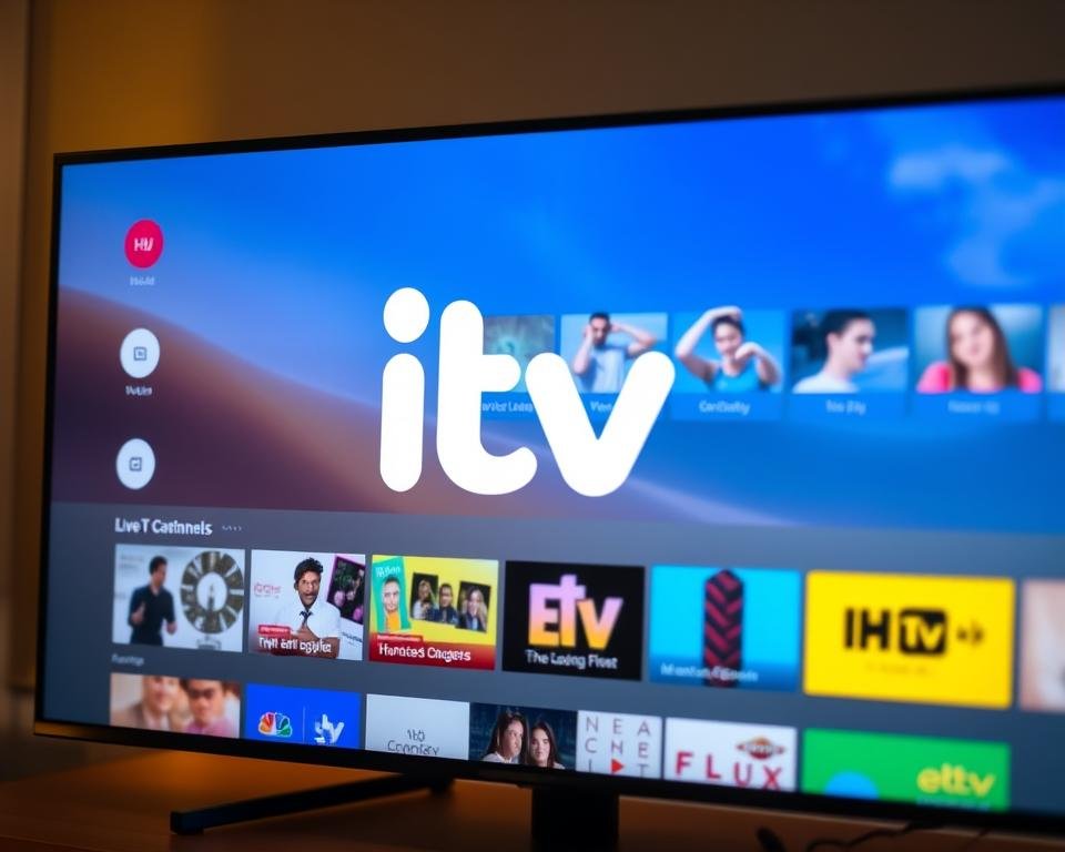 A sleek, modern streaming platform interface with the ITV Hub logo prominently displayed on a large, high-resolution screen. The interface features a clean, minimalist design with intuitive navigation menus, user profiles, and a curated selection of live TV channels and on-demand content. The background is blurred, creating a sense of depth and focus on the platform's functionality. Warm, soft lighting illuminates the screen, creating a welcoming and accessible atmosphere. The overall composition conveys the ease and convenience of accessing a wide range of commercial broadcasting content directly on one's device, anywhere, anytime.