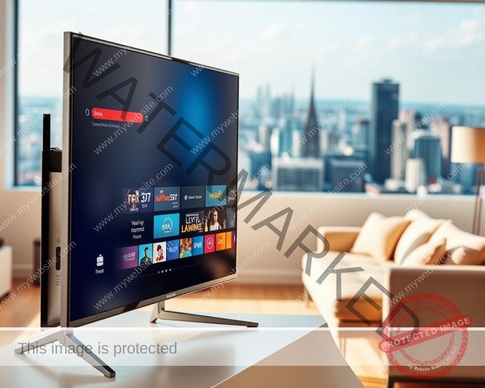 A sleek, modern television screen dominates the foreground, showcasing the user interface of a top IPTV provider in the UK. The screen displays a crisp, high-definition menu with various channels, on-demand content, and feature icons. In the middle ground, a minimalist living room setting provides context, with a comfortable couch and a few subtle decorative elements. The background features a panoramic view of a vibrant, bustling city skyline, hinting at the wide range of content and entertainment available through the IPTV service. The overall scene is lit by warm, natural lighting, creating a welcoming and inviting atmosphere. The composition emphasizes the seamless integration of technology and lifestyle, highlighting the convenience and versatility of the top IPTV provider in the UK.