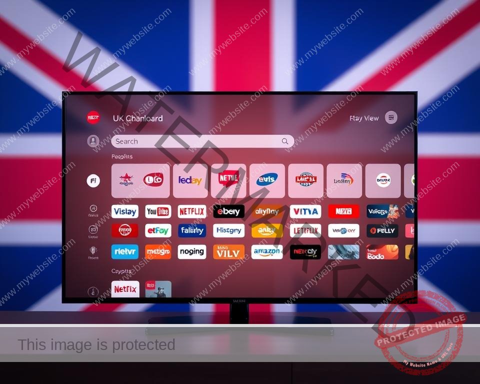 A sleek, modern television streaming interface set against a subtly blurred background of the British flag. The user dashboard displays a grid of popular UK TV channel logos, with a prominent search bar and customizable menu options. The interface is illuminated by soft, warm lighting, creating a welcoming and intuitive user experience. The layout is clean and uncluttered, with high-quality visuals and a responsive, touch-friendly design. The overall aesthetic conveys a sense of accessibility, seamlessness, and the ability to access a wide range of British television content anytime, anywhere. A sleek, modern television streaming interface set against a subtly blurred background of the British flag. The user dashboard displays a grid of popular UK TV channel logos, with a prominent search bar and customizable menu options. The interface is illuminated by soft, warm lighting, creating a welcoming and intuitive user experience. The layout is clean and uncluttered, with high-quality visuals and a responsive, touch-friendly design. The overall aesthetic conveys a sense of accessibility, seamlessness, and the ability to access a wide range of British television content anytime, anywhere.