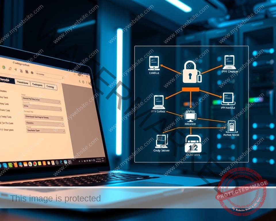 A sleek, modern workspace with a focus on cybersecurity. The foreground features a laptop displaying an IPTV configuration interface, the screen illuminated by a soft, warm glow. In the middle ground, a network diagram showcases the secure architecture of an IPTV system, with color-coded connections and icons representing firewalls, VPNs, and other security measures. The background depicts a dimly lit server room, with racks of networking equipment and a subtle blue ambient lighting creating a professional, technological atmosphere. The overall scene conveys a sense of control, diligence, and the importance of safeguarding an IPTV service.