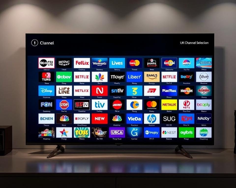 A sophisticated IPTV UI displaying a comprehensive grid of UK channel logos against a sleek, modern backdrop. The channels are neatly organized by category, with vivid, high-definition icons showcasing the diverse programming options. Soft, directional lighting illuminates the scene, creating a polished, professional atmosphere. The layout is clean and intuitive, inviting the viewer to explore the wealth of entertainment choices available. This visually striking image effectively captures the essence of a top-tier IPTV UK channel selection, perfectly complementing the "Comprehensive Channel Selection Analysis" section of the article.