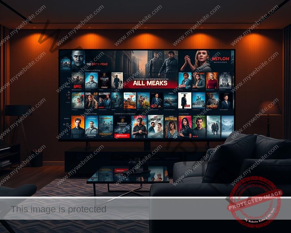 A sophisticated, ultramodern IPTV interface showcasing a vast selection of movies and TV series, creating an immersive entertainment experience for UK viewers. The sleek, minimalist design features high-resolution movie posters and series thumbnails, displayed against a backdrop of a dimly lit, stylish living room setting. Warm, ambient lighting casts a cozy glow, while a plush, comfortable sofa invites viewers to sit back and enjoy unparalleled streaming quality. The interface is intuitively designed, with intuitive navigation and personalized recommendations, catering to the diverse tastes of UK-based entertainment enthusiasts.
