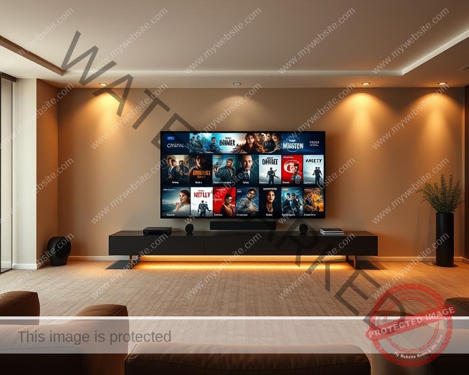 A spacious, modern home media center with a sleek, minimalist design. In the foreground, a large, high-resolution TV screen displays a diverse collection of movie and TV show thumbnails, showcasing the depth and breadth of the IPTV content library. The middle ground features a minimalist, floating entertainment system with clean lines and a dark, brushed metal finish, housing various media components. The background is a warm, softly lit room with neutral-toned walls, creating a cozy, inviting atmosphere for entertainment and relaxation. The lighting is soft and indirect, creating a subtle, cinematic mood. The entire scene conveys a sense of high-quality, premium IPTV services catered to discerning movie and TV enthusiasts.