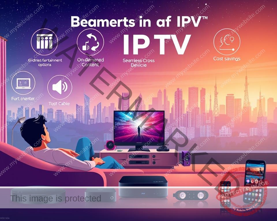 A striking digital illustration depicting the benefits of IPTV. In the foreground, a person relaxing on a comfortable couch, engrossed in a TV show on a high-definition screen. Surrounding them, vibrant icons symbolizing IPTV's key advantages: endless entertainment options, on-demand content, seamless cross-device compatibility, and cost savings compared to traditional cable. The middle ground features a sleek, modern media center setup, with various streaming devices and a smartphone displaying IPTV app interfaces. In the background, a cityscape with skyscrapers and communication towers, representing the advanced internet infrastructure powering IPTV technology. The overall scene conveys the convenience, flexibility, and future-forward nature of IPTV as an entertainment solution.