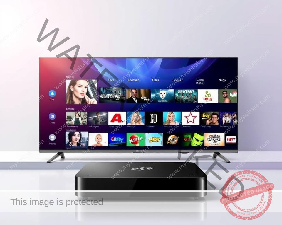 A stunning and vibrant image depicting the best IPTV service UK, showcasing its key features and benefits. Set against a sleek, modern backdrop, the foreground features a high-quality IPTV device, its sleek design and intuitive interface prominently displayed. The middle ground showcases a diverse array of live TV channels, on-demand content, and seamless streaming capabilities, all rendered in stunning detail. The background exudes a sense of professionalism and reliability, with subtle branding elements and a clean, minimalist aesthetic. The overall composition conveys the ease, convenience, and superior quality of this IPTV provider, perfectly capturing the "Pros of This IPTV Provider with Free Trial" for the article's readers.