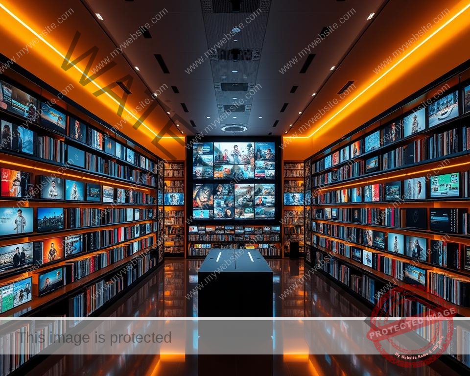 A vast, illuminated media library showcasing an extensive collection of high-definition IPTV content. The foreground features rows of sleek, glossy shelves filled with a diverse array of digital media, while the middle ground displays large, crystal-clear screens showcasing a variety of programming. The background is bathed in a warm, ambient lighting, creating a welcoming and immersive atmosphere. The overall composition conveys a sense of sophistication, technological advancement, and an unparalleled depth of entertainment options available to the viewer.