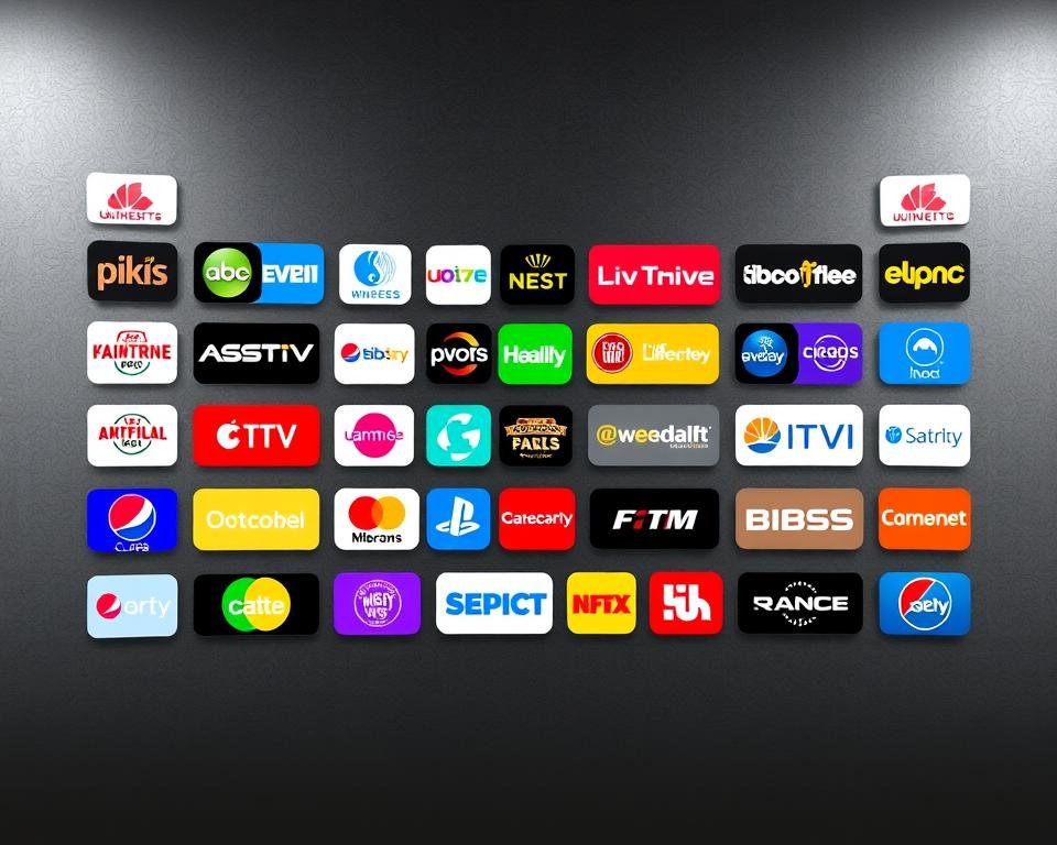 A vibrant and dynamic grid of UK IPTV channel logos, meticulously arranged in a sleek and modern layout. The channels are displayed against a backdrop of a subtly textured, neutral-toned surface, allowing the colorful logos to take center stage. The lighting is soft and even, creating a sense of depth and dimensionality. The camera angle is slightly elevated, giving the viewer a comprehensive overview of the comprehensive channel lineup. The overall composition is balanced and visually appealing, capturing the essence of the diverse range of entertainment options available through UK IPTV.