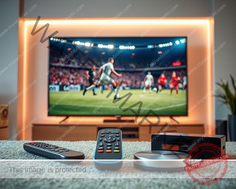 A vibrant and dynamic sports channel display, showcasing the latest live sporting events from the UK. In the foreground, a sleek television set displays a high-definition soccer match, with players in sharp focus and the crowd energy palpable. The middle ground features an array of remote controls and streaming devices, emphasizing the accessibility and convenience of premium IPTV services. In the background, a warm, ambient lighting creates a cozy and inviting atmosphere, while crisp, clean lines and modern design elements convey a sense of sophistication. The overall scene captures the excitement and immersion of the ultimate sports viewing experience, perfect for the discerning UK viewer.