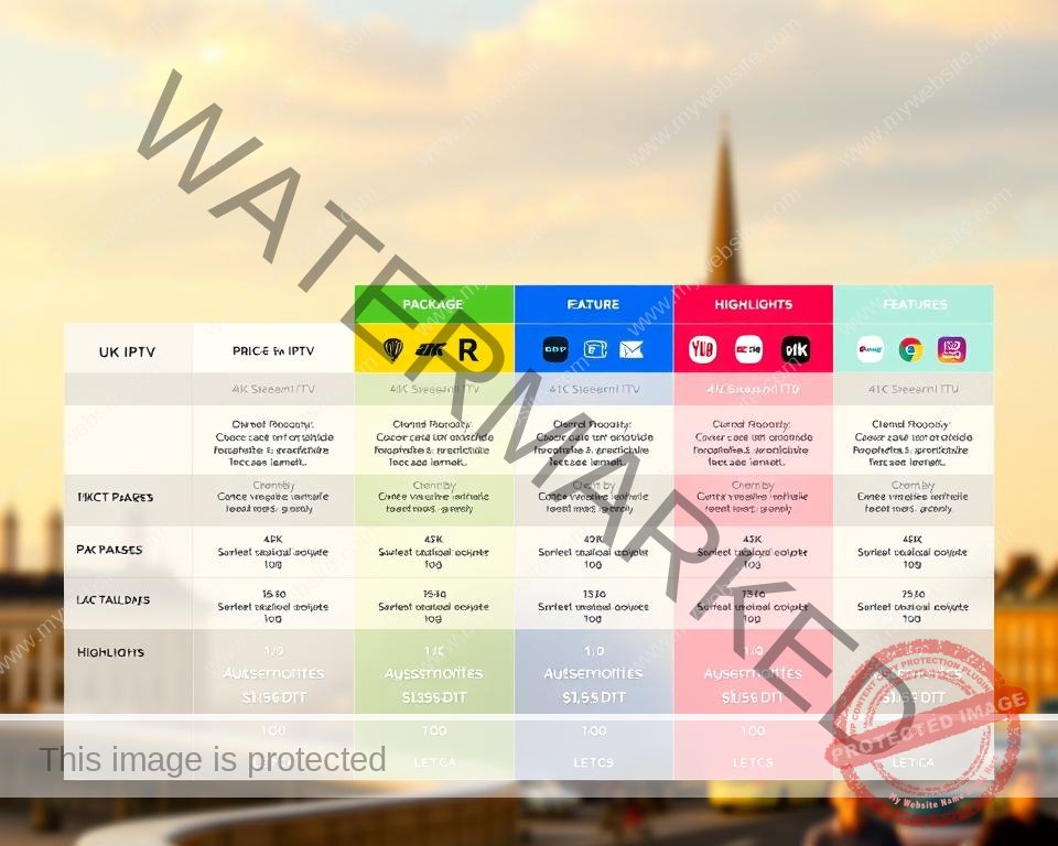 A vibrant and informative grid layout showcasing the various UK IPTV subscription plans. In the foreground, a clean and minimalist table displays the pricing tiers, package details, and feature highlights in a visually appealing manner. The middle ground features icons and graphics that convey the key benefits of each plan, such as 4K streaming, simultaneous device support, and channel selections. The background has a soft, blurred cityscape of London, hinting at the wide range of local and international content available through the IPTV service. The overall scene is bathed in warm, natural lighting, creating a sense of professionalism and trustworthiness. The layout is balanced, the typography is clear and legible, and the color palette is consistent with the brand's visual identity.