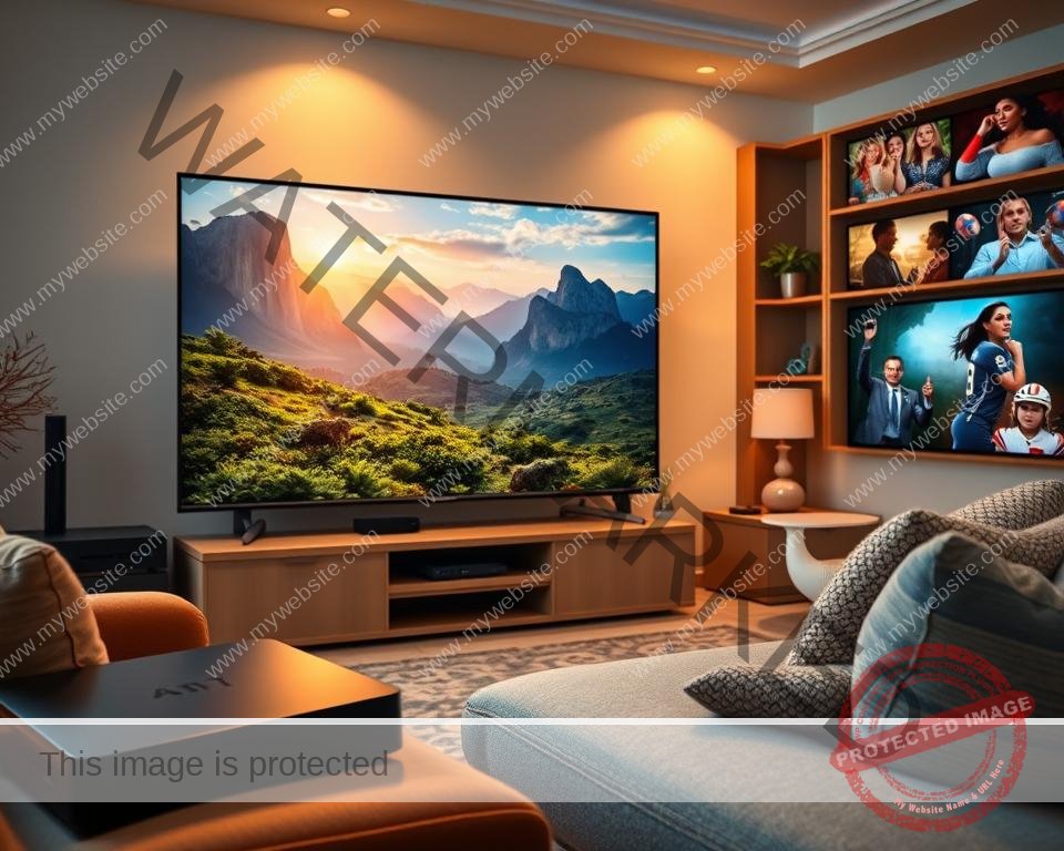 A vibrant, high-definition scene depicting a diverse array of popular IPTV content. In the foreground, a large, flatscreen television displays a captivating nature documentary, its lush landscapes and majestic wildlife rendered in vivid detail. Surrounding the TV, an assortment of streaming devices, including a sleek set-top box and a modern smartphone, suggest the versatility of the IPTV experience. The middle ground features a cozy living room setting, with plush furnishings and warm lighting creating a relaxed, inviting atmosphere. In the background, glimpses of other engaging content, such as a thrilling sports match and a gripping drama series, hint at the breadth of programming available through the IPTV trial. The overall composition conveys the rich, immersive entertainment offered by the IPTV service.