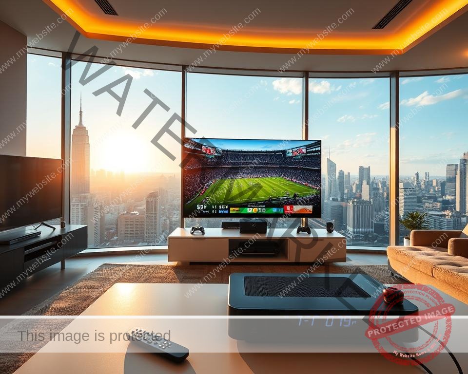 A vibrant sports IPTV setup in a sleek, modern living room. In the foreground, a high-end IPTV streaming device sits atop a minimalist entertainment console, surrounded by remote controls and gaming peripherals. The middle ground features a large, curved 4K OLED TV displaying a live sports broadcast, its screen illuminated by warm, directional lighting. In the background, floor-to-ceiling windows offer a panoramic view of a bustling city skyline, with the sun casting a golden glow over the entire scene. The overall atmosphere conveys a sense of high-tech sophistication and the thrill of live sports entertainment.
