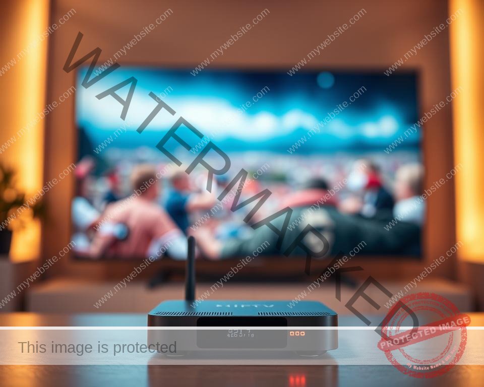 A vibrant, ultra-high-definition IPTV streaming experience. A large, widescreen display showcases smooth, crystal-clear video playback with minimal pixelation or lag. The image is bathed in warm, soft lighting, creating a cozy, cinematic ambiance. In the foreground, a sleek, modern streaming device is prominently featured, its minimalist design and glowing status lights conveying a sense of cutting-edge technology. The background blurs into a hazy, out-of-focus scene, drawing the viewer's attention to the captivating on-screen content. The overall composition radiates a sense of effortless, high-quality entertainment, perfectly capturing the essence of a superior IPTV streaming experience.