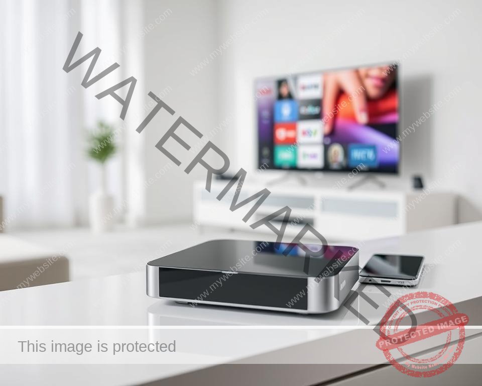 A well-lit, clean-lined interior setting, showcasing an IPTV device prominently displayed on a sleek, minimalist table or shelf. The device should have a modern, high-tech design, with clean edges and a glossy finish. The background should be softly blurred, creating a focus on the device and the connected devices, such as a smart TV, tablet, and smartphone, all seamlessly integrated. The overall atmosphere should convey a sense of effortless connectivity and versatility, reflecting the "multi-platform access" aspect of the section title.