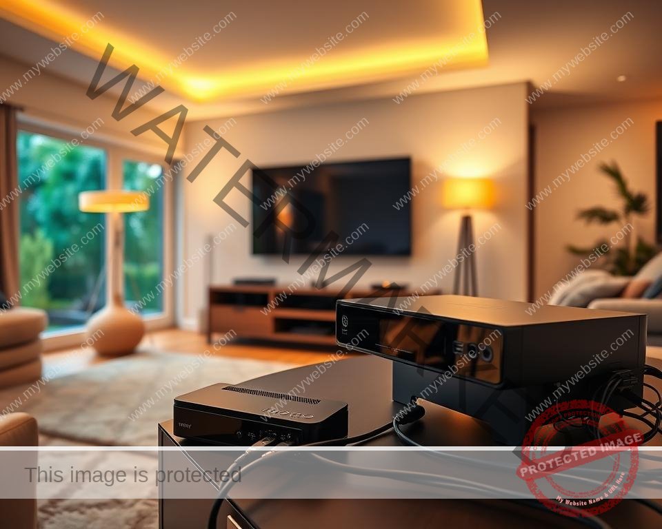 A well-lit, expansive living room with a large flatscreen TV mounted on the wall. In the foreground, a stylish TV stand holds a sleek black IPTV box, connected to various cables and peripherals. The room is bathed in warm, ambient lighting, creating a cozy, inviting atmosphere. Through the window, a glimpse of a vibrant, green garden can be seen, hinting at the stable, reliable nature of the IPTV service. The overall scene conveys a sense of comfort, technology, and seamless connectivity, perfectly capturing the essence of a "Stable IPTV Service for UK Homes".