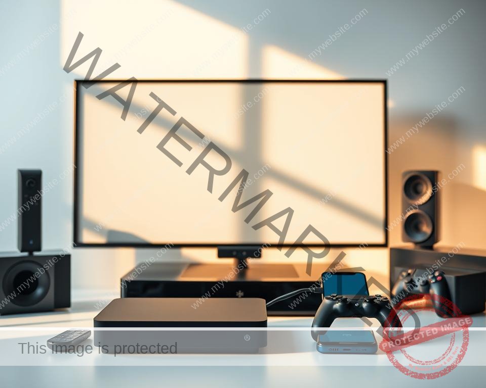 A well-lit, high-quality image showcasing an assortment of IPTV-compatible devices, including a smart TV, a streaming box, a gaming console, and a smartphone. The devices are arranged in a visually appealing layout, with clean backgrounds and crisp shadows to highlight their features. The overall composition conveys a sense of technology, connectivity, and the versatility of IPTV services. The lighting is natural and warm, creating a inviting atmosphere. The image should have a slightly futuristic and premium feel, reflecting the advanced nature of the IPTV technology.