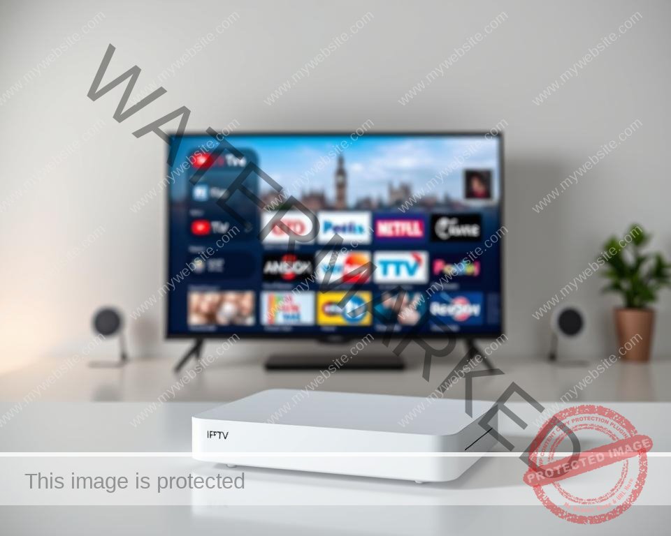 A well-lit, high-quality studio image showcasing a reliable IPTV UK service. In the foreground, a modern, sleek IPTV device sits prominently, its clean lines and minimalist design conveying a sense of professionalism and dependability. In the middle ground, a vivid display shows a selection of popular UK channels, their logos and program information clearly visible. The background features a subtly blurred cityscape, hinting at the wide range of content available through the IPTV service. The overall tone is one of trustworthiness, efficiency, and a premium user experience, reflecting the "pros" of the recommended IPTV offering.