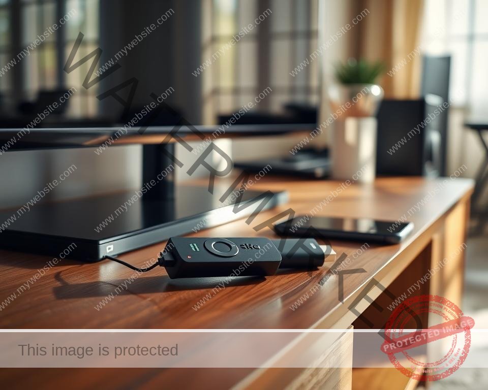 A well-lit home entertainment setup with a Firestick IPTV device prominently displayed on a modern TV stand. The Firestick's sleek black exterior is contrasted against the warm wooden tones of the stand. Nearby, a remote control and a mobile device are arranged, showcasing the seamless integration of the IPTV technology. The scene is bathed in a soft, natural light, creating a cozy and inviting atmosphere. In the background, subtle hints of a living room or home office environment can be seen, suggesting a comfortable and practical setting for the IPTV setup.