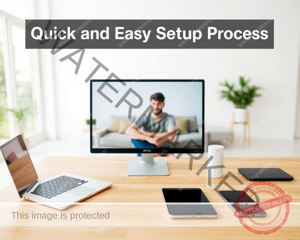 A well-lit, modern home office setup with a laptop, tablet, and smartphone arranged neatly on a minimalist wooden desk. In the middle ground, a person sits comfortably, intently focused on the screen, illustrating the simple IPTV setup process. The background features a clean, airy space with large windows allowing natural light to flood the room, creating a serene, productive atmosphere. The image conveys a sense of efficiency, technology, and ease of use, perfectly capturing the "Quick and Easy Setup Process" for the IPTV service.