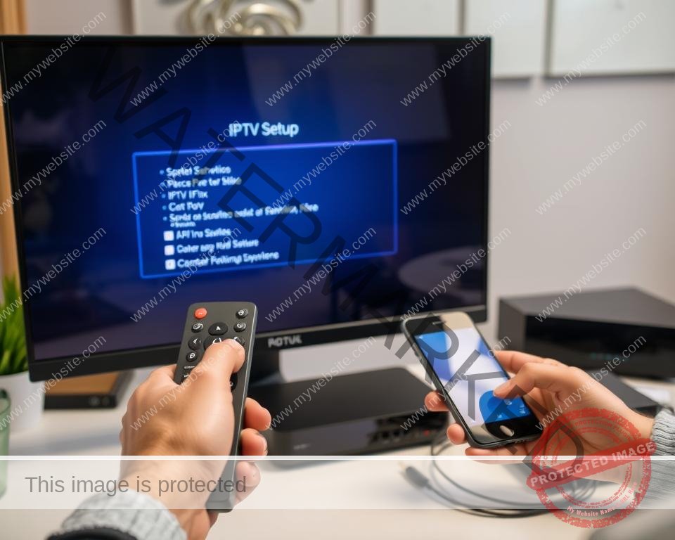 A well-lit office setting with a computer monitor displaying an IPTV setup interface. In the foreground, hands interacting with a remote control and a smartphone, navigating the setup process. In the middle ground, various devices like a router, IPTV box, and cables are neatly arranged on a desk, suggesting a thoughtful and organized workspace. The background features a minimalist wall decor, creating a calm and professional ambiance. The overall scene conveys a sense of smooth and intuitive IPTV setup, ready to elevate the user's television experience.