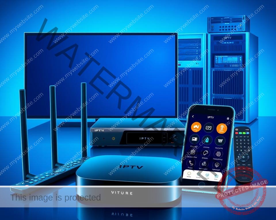 A well-lit, technical illustration showcasing a variety of IPTV-compatible devices. In the foreground, a sleek, modern streaming box with an intuitive interface, surrounded by a wireless router, a smart TV remote, and a smartphone displaying IPTV app controls. In the middle ground, a high-end media player with multiple HDMI and Ethernet ports, complemented by a compact cable box and a universal remote. In the background, a rack-mounted server unit and a network switch, conveying the robust infrastructure required for a seamless IPTV experience. The scene is bathed in a cool, blue-tinted lighting, emphasizing the digital nature of the technologies on display.