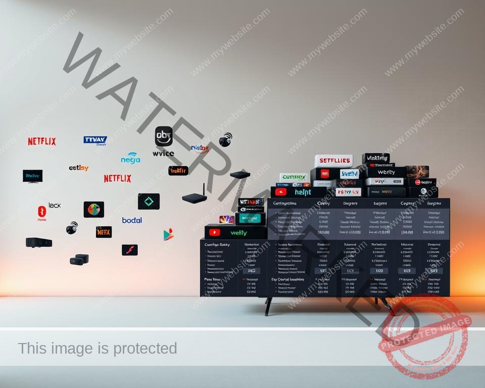 A wide array of IPTV packages presented on a sleek, modern interface. In the foreground, various streaming service logos and device icons float against a neutral backdrop, conveying the diversity of content and compatibility. The middle ground features stacked IPTV subscription plans with detailed pricing and channel information, allowing viewers to easily compare options. In the background, a subtle technical grid pattern suggests the digital infrastructure supporting the IPTV ecosystem. Warm lighting and a muted color palette create a sense of professionalism and trustworthiness, reflecting the reliable and high-quality IPTV services available to UK viewers in 2023.