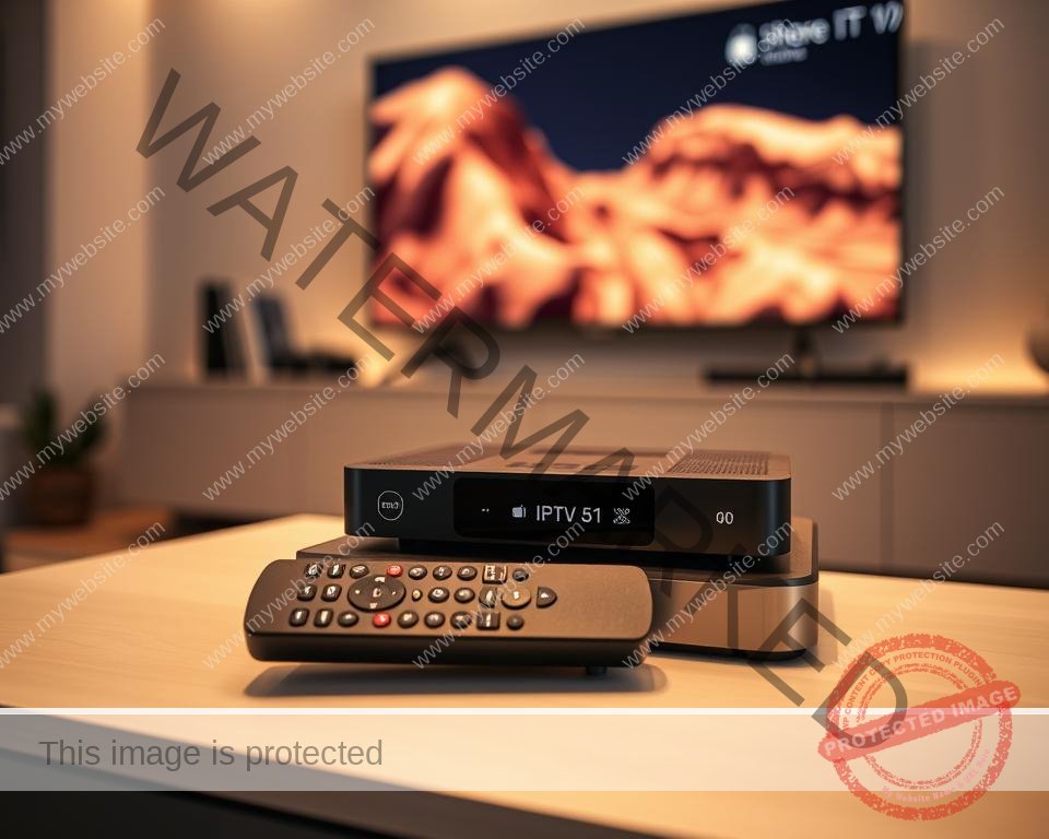 An IPTV box sitting atop a sleek, modern TV stand, its clean lines and minimalist design blending seamlessly with the contemporary living room decor. The box has a subtle metallic finish, reflecting the warm lighting that casts a cozy glow throughout the space. In the foreground, the remote control rests on the stand, its intuitive buttons and features hinting at the effortless user experience. The middle ground showcases the IPTV box itself, its front panel displaying crisp, high-definition icons and indicators, signaling its advanced capabilities. The background features a large, wall-mounted TV, its screen displaying a vibrant, immersive image, highlighting the exceptional video quality enabled by the IPTV box.