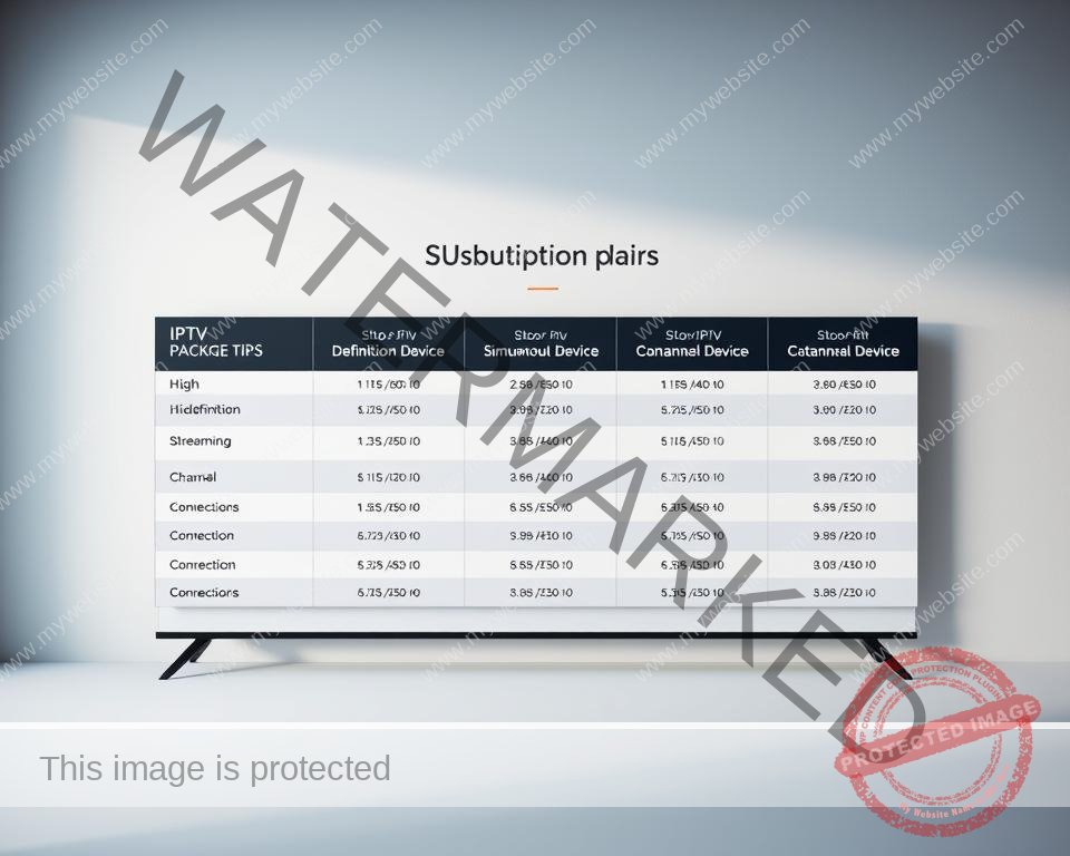 Detailed IPTV subscription plans for the UK market, presented in a clean, organized layout. A sleek table showcases different package tiers, featuring high-definition streaming, simultaneous device connections, and channel counts. The plans are displayed against a soft, minimalist backdrop, with subtle textures and gradients to create a professional, informative atmosphere. Careful consideration of lighting and composition to ensure the plans are easy to read and visually appealing. The overall style should convey reliability, value, and the reliable IPTV service described in the article.