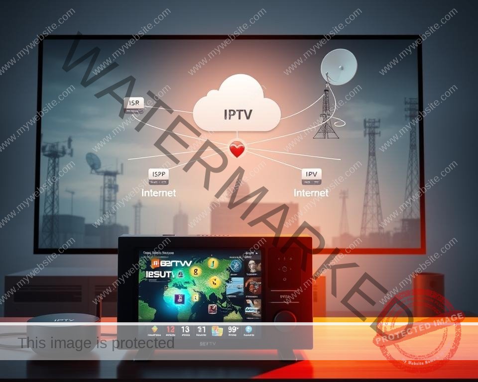 Detailed illustration of IPTV technology. In the foreground, an internet-connected set-top box or smart TV displaying a streaming video interface. In the middle ground, a network diagram showing internet, ISP, and cloud-based IPTV service provider. In the background, satellite dishes, cell towers, and other telecommunication infrastructure. The scene is illuminated by a warm, natural lighting, conveying a sense of modern, reliable digital entertainment.