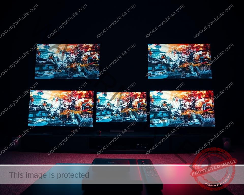 Dramatic high-contrast cinematic scene of an IPTV streaming quality comparison. In the foreground, a row of TV screens displays side-by-side streaming footage of different IPTV services, showcasing their varying video quality and performance. The middle ground features a sleek, modern media center setup with streaming devices and remotes. The background is dimly lit, with moody lighting highlighting the technical details and creating an immersive, professional atmosphere. The overall scene conveys a sense of analytical comparison and technical evaluation of the IPTV streaming experience.