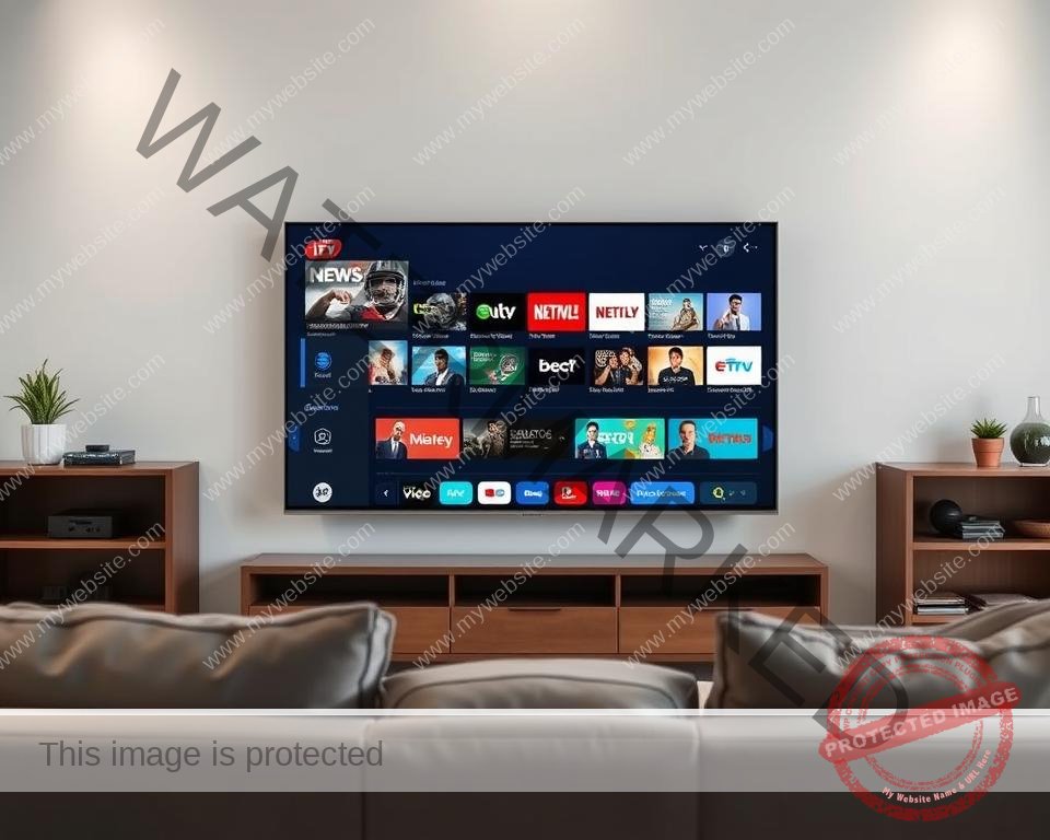 High-definition IPTV channels displayed on a modern, sleek flat-screen television set against a minimalist living room backdrop. The channels showcase a diverse range of content including news, sports, movies, and entertainment, reflecting the comprehensive library available to UK subscribers. Soft, diffused lighting creates a warm, inviting atmosphere, while the television's crisp, vibrant display highlights the exceptional visual quality of the IPTV service. The scene conveys a sense of seamless, immersive viewing experience, perfectly aligning with the section's title "Comprehensive Channel Selection and Content Library".