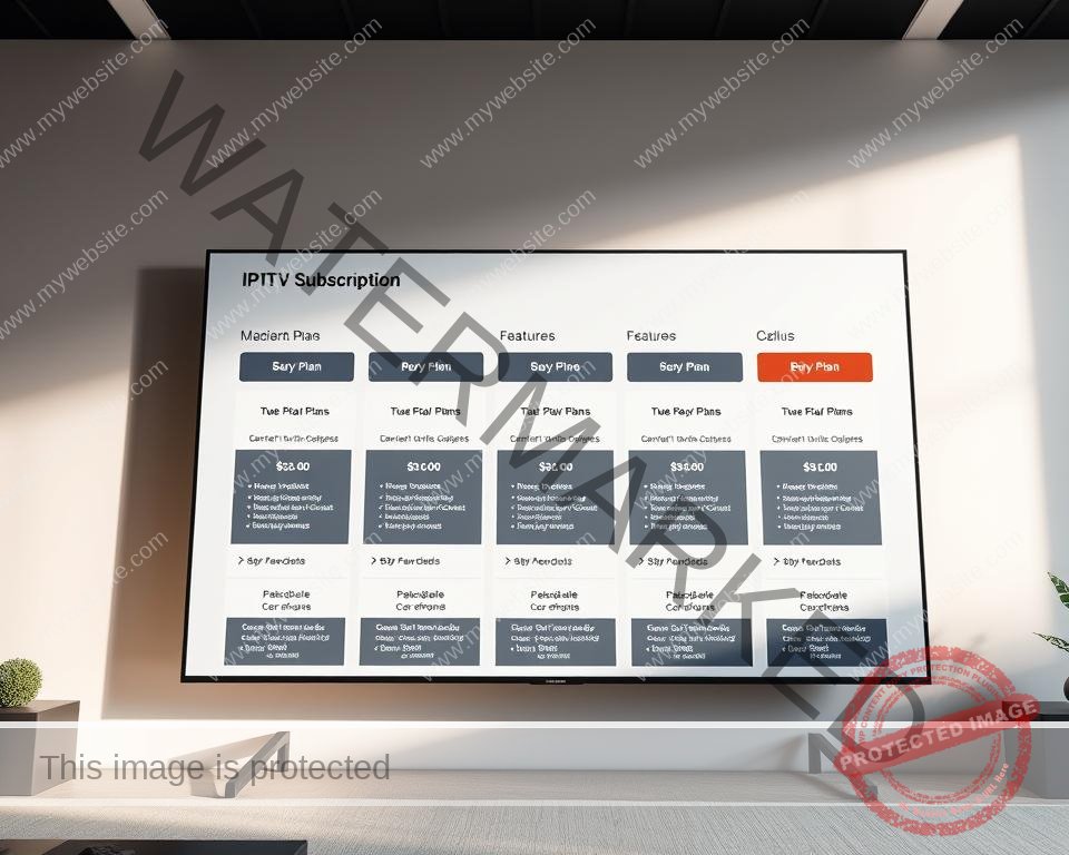 High-quality IPTV subscription plans prominently displayed on a clean, modern interface with a professional, minimalist aesthetic. A variety of plan options arranged in a grid layout, with clear pricing, features, and value propositions highlighted. The plans are showcased against a soft, neutral background that allows the information to take center stage. Subtle lighting and camera angles create depth and draw the viewer's attention to the key details. An overall sense of sophistication, trustworthiness, and attention to user experience.