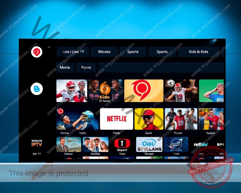 High-resolution image of a modern, sleek IPTV streaming interface showcasing a diverse selection of premium channel categories and content. The interface has a clean, minimalist design with intuitive navigation menus and sharp, vibrant imagery. Prominent categories include Live TV, Movies, Sports, News, and Kids, each with a well-curated selection of channels. The layout uses a grid-based structure with crisp, high-definition channel logos and thumbnails. Subtle lighting creates a sense of depth, while a cool, sophisticated color palette evokes a premium, high-quality aesthetic. The overall scene conveys the convenience, reliability, and comprehensive entertainment options of a top-tier IPTV service.