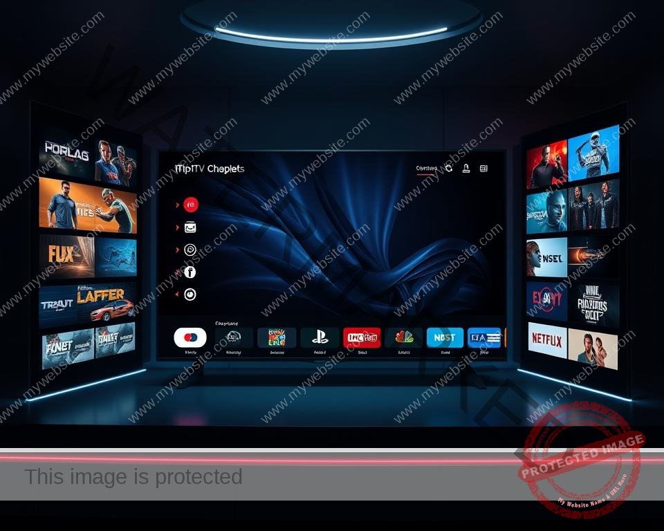 Highly detailed and visually stunning user interface for the best IPTV service in the UK, showcased in a clean, modern, and intuitive layout. The interface features a sleek black and white color scheme, with vibrant highlights and subtle gradients. Prominent menu options, easy-to-navigate channel categories, and a crisp, high-resolution live video feed in the center. Subtle cinematic lighting from the sides, creating depth and a sense of immersion. The overall composition conveys a premium, high-quality user experience tailored for the UK market.