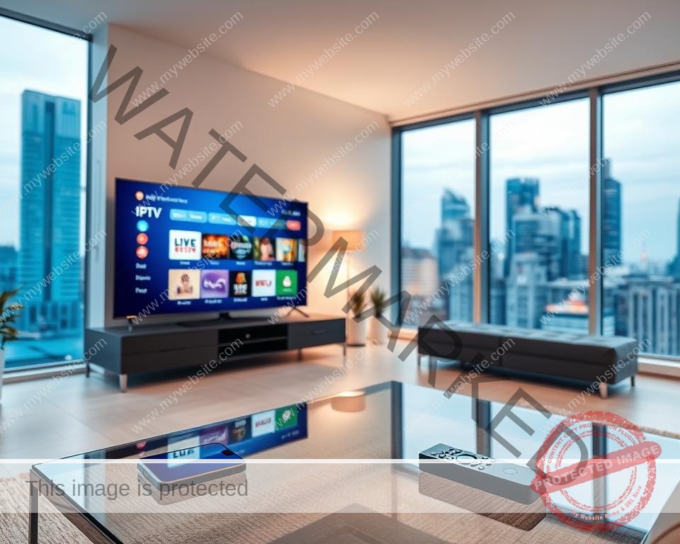 Prompt A modern home living room with a sleek, minimalist design. In the foreground, a smart TV displays the IPTV interface, showcasing a wide selection of live channels and on-demand content. On a nearby glass coffee table, a smartphone and remote control suggest the convenience of controlling the IPTV experience. Soft, diffused lighting creates a cozy ambiance, while large windows in the background offer a view of a bustling cityscape, hinting at the global reach of the cost-effective IPTV service. The overall scene conveys the idea of effortless, accessible entertainment in a stylish, contemporary setting.