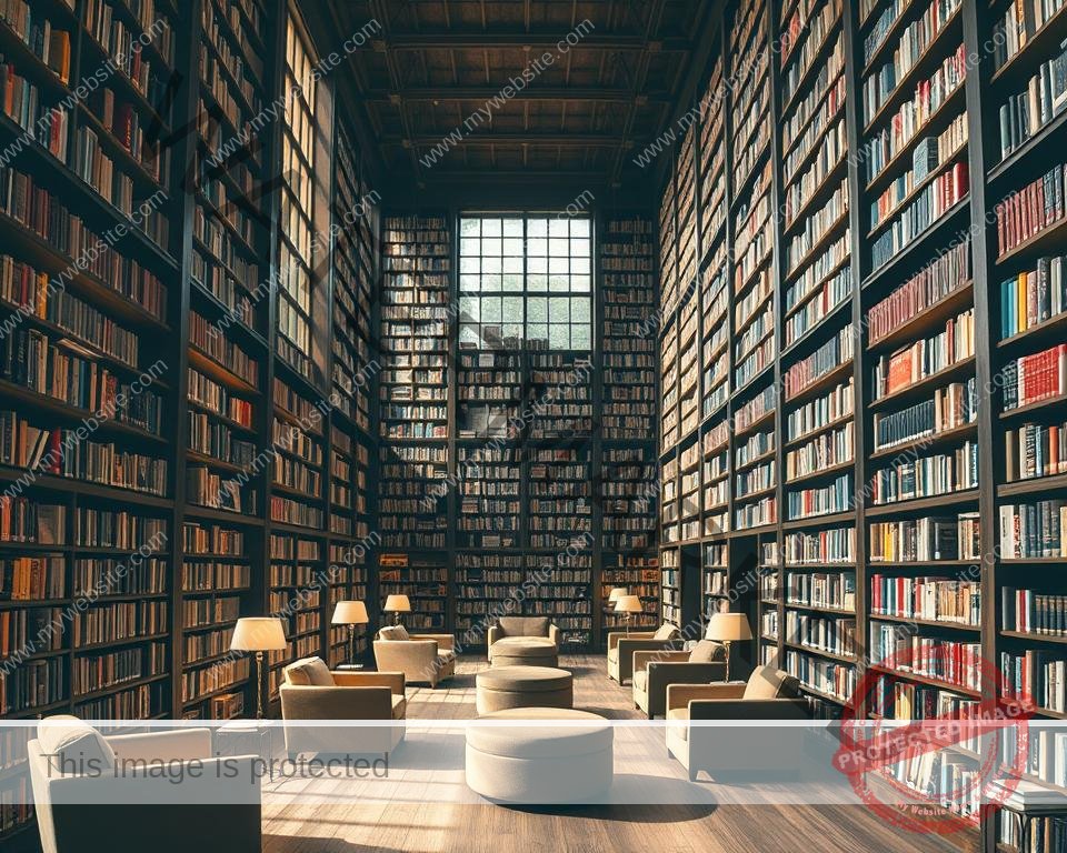 Sprawling library interior, filled with towering bookshelves and cozy reading nooks. Warm, diffused lighting filters through large windows, casting a soft glow. Plush armchairs and ottomans invite viewers to curl up and get lost in a good book. The shelves are meticulously organized, overflowing with a vast collection of titles spanning diverse genres. Rows upon rows of hardcovers and paperbacks, their spines forming a vibrant mosaic. The overall atmosphere is one of intellectual curiosity and endless discovery, reflecting the "Extensive Content Library" theme.
